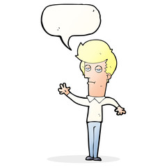 cartoon bored man waving with speech bubble