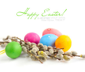 Colorful easter eggs and branches of willow on white background