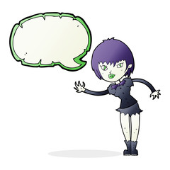 cartoon vampire girl welcoming with speech bubble