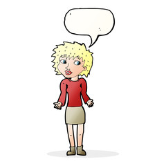cartoon woman shrugging shoulders with speech bubble