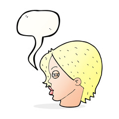 cartoon female face with narrowed eyes with speech bubble
