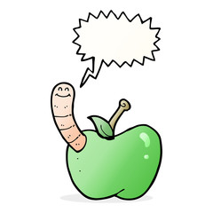 cartoon apple with worm with speech bubble