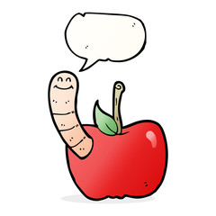 cartoon apple with worm with speech bubble