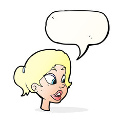 cartoon friendly woman with speech bubble