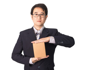 Asian businessman giving and carrying parcel, cardboard box, iso