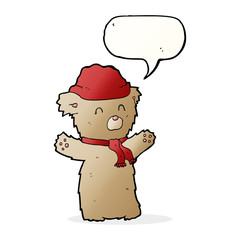 cartoon teddy bear in hat and scarf with speech bubble