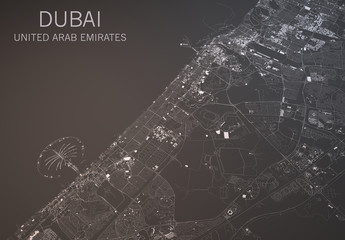 Fototapeta premium Cartina Dubai, vista satellitare, Emirati Arabi Uniti