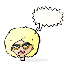 cartoon woman wearing spectacles with speech bubble