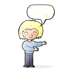 cartoon woman gestureing welcome with speech bubble