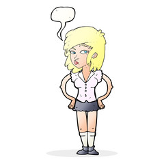 cartoon pretty woman with hands on hips with speech bubble