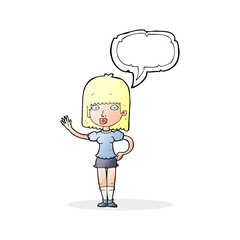 cartoon woman waving with speech bubble