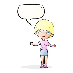 cartoon woman shrugging  with speech bubble