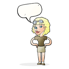 cartoon retro pilot woman with speech bubble