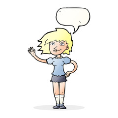 cartoon woman waving with speech bubble
