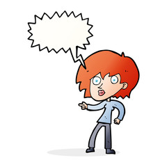 cartoon surprised woman pointing with speech bubble