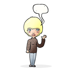 cartoon woman waving with speech bubble