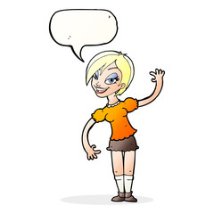 cartoon girl waving with speech bubble