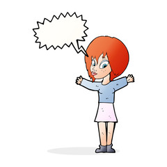 cartoon woman with open arms with speech bubble