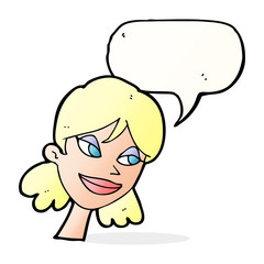 cartoon happy female face with speech bubble
