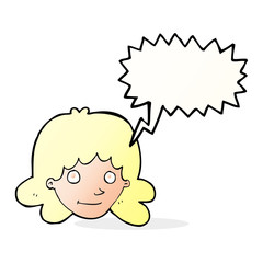 cartoon happy female face with speech bubble