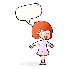 cartoon woman wearing dress with speech bubble
