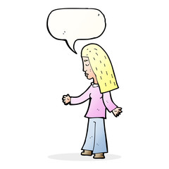 cartoon woman with open arms with speech bubble