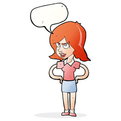 cartoon annoyed woman with hands on hips with speech bubble