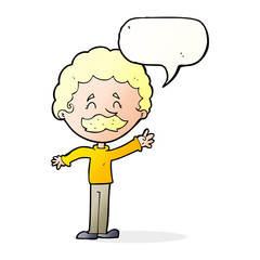 cartoon man with mustache waving with speech bubble