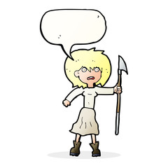cartoon woman with harpoon with speech bubble