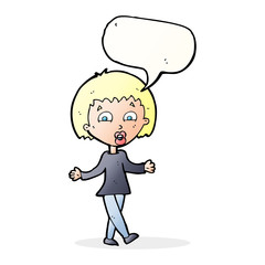 cartoon woman shrugging shoulders with speech bubble