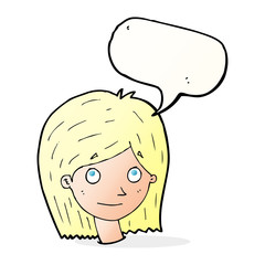 cartoon happy female face with speech bubble