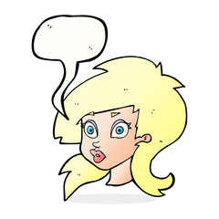 cartoon pretty surprised woman with speech bubble