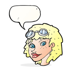 cartoon happy woman wearing aviator goggles with speech bubble