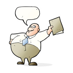 cartoon happy boss with file with speech bubble