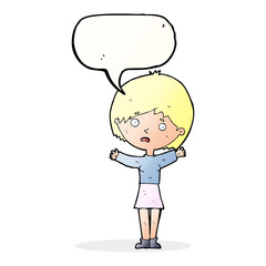 cartoon worried woman with speech bubble