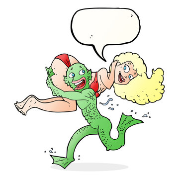 cartoon swamp monster carrying girl in bikini with speech bubble
