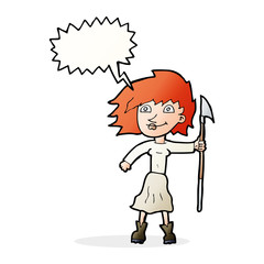 cartoon woman with spear with speech bubble