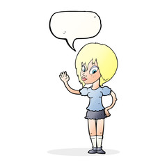 cartoon pretty woman waving with speech bubble
