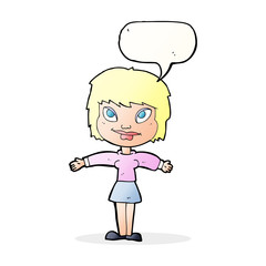 cartoon woman with open amrs with speech bubble
