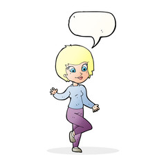 cartoon woman waving with speech bubble