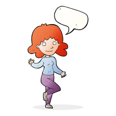 cartoon friendly woman waving with speech bubble