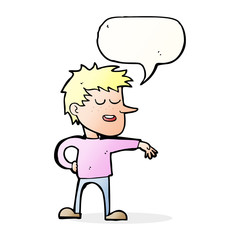 cartoon man making dismissive gesture with speech bubble