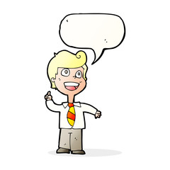 cartoon school boy raising hand with speech bubble