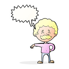 cartoon man making camp gesture with speech bubble