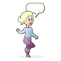 cartoon friendly woman waving with speech bubble