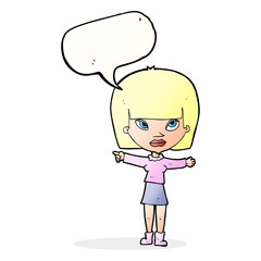 cartoon woman pointing with speech bubble