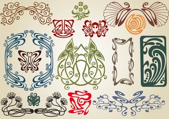 set of art nouveau silhouette elements