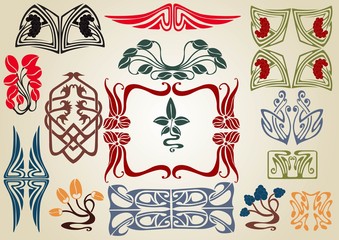 set of art nouveau silhouette elements