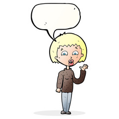 cartoon woman waving with speech bubble