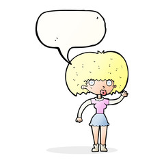 cartoon woman waving with speech bubble